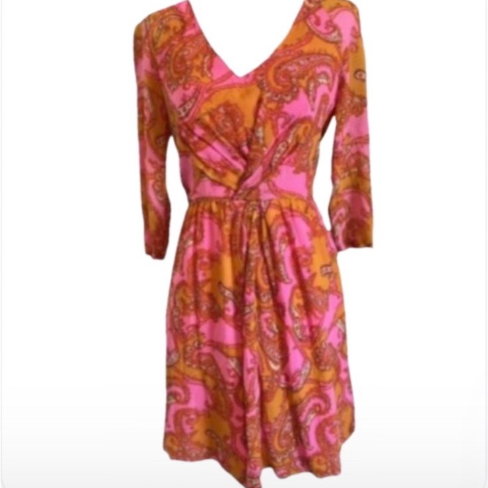 Madewell Broadway Broome 100% Silk Paisley Orange Pink V-Neck Dress Sz 10